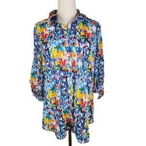 Sno Skins Colorful Grafiti Artsy Maximalism Button Shirt Large Blue Long Sleeve